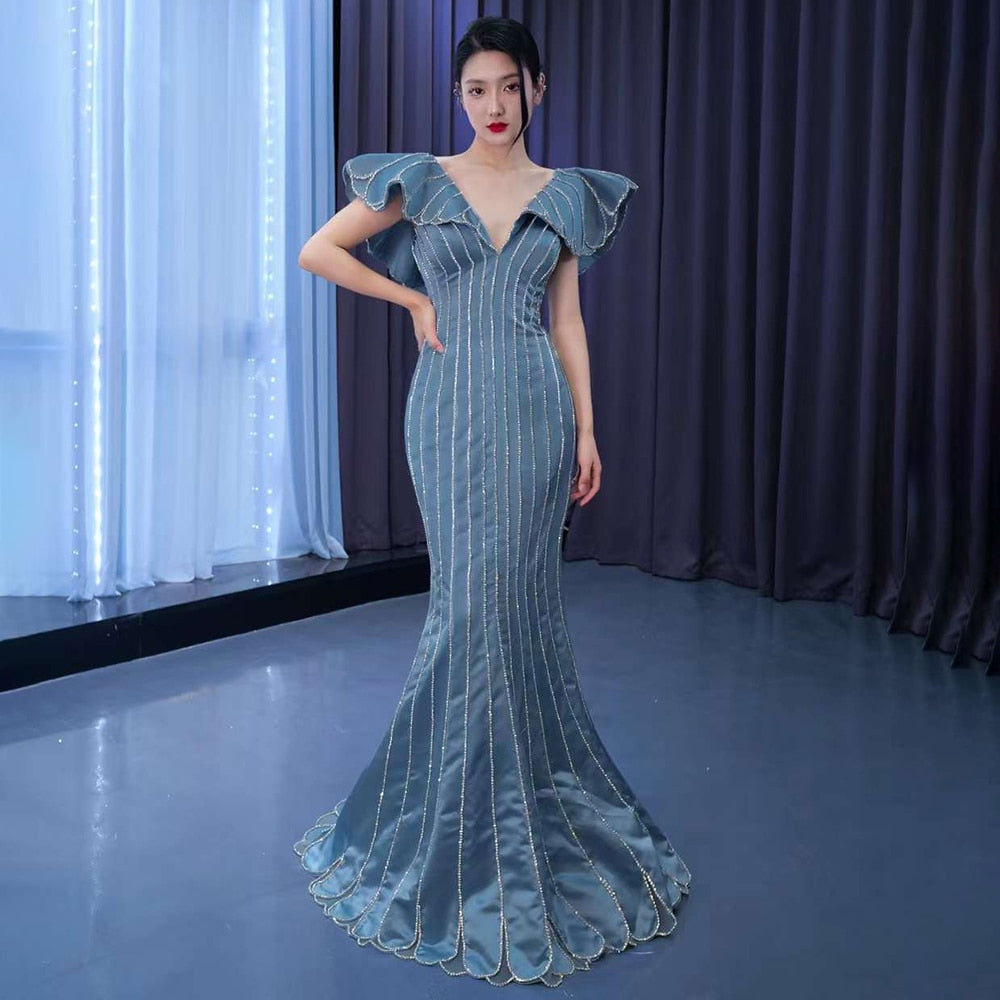 Elegante vestido de noche azul sirena con escote en V y cuentas de lujo para mujer, para fiesta 2025, de alta gama, hecho a medida HM67524 
