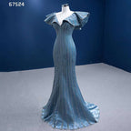 Blaue Meerjungfrau Elegante V-Ausschnitt Luxus Perlen Abendkleider Kleider für Frauen Party 2025 High-End-Maß HM67524 