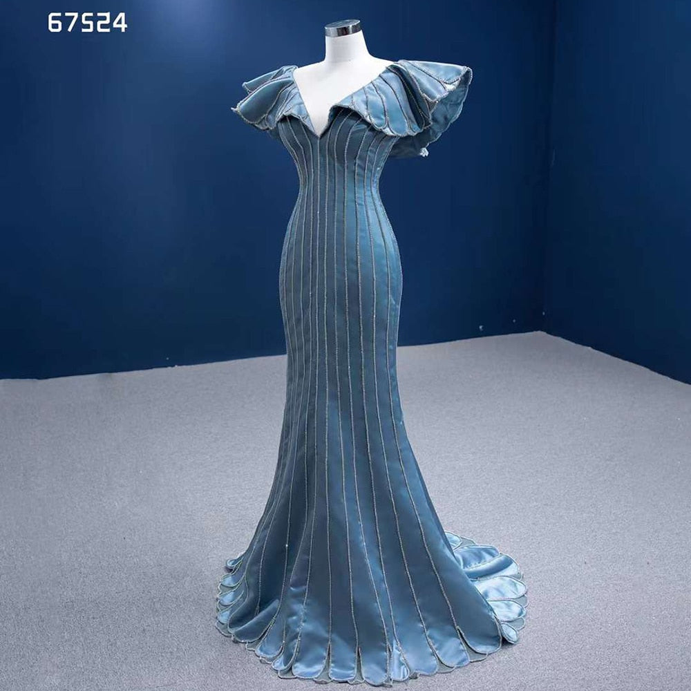 Elegante vestido de noche azul sirena con escote en V y cuentas de lujo para mujer, para fiesta 2025, de alta gama, hecho a medida HM67524 