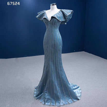 Elegante vestido de noche azul sirena con escote en V y cuentas de lujo para mujer, para fiesta 2025, de alta gama, hecho a medida HM67524 