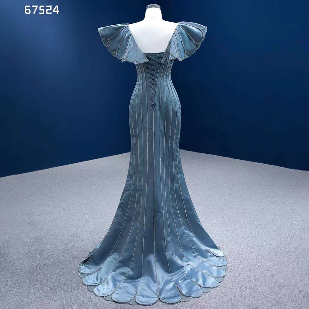 Elegante vestido de noche azul sirena con escote en V y cuentas de lujo para mujer, para fiesta 2025, de alta gama, hecho a medida HM67524 