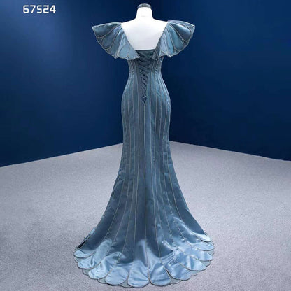 Elegante vestido de noche azul sirena con escote en V y cuentas de lujo para mujer, para fiesta 2025, de alta gama, hecho a medida HM67524 