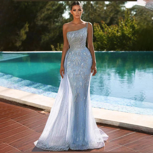 Elegante vestido de noche azul sirena con sobrefalda, sexy, de un solo hombro, de lujo, con cuentas, para mujer, fiesta, LA71730 