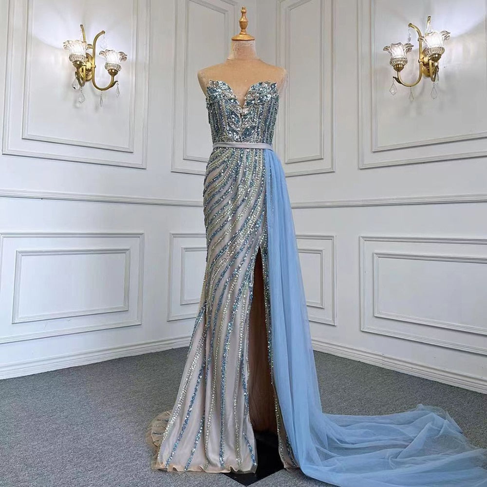 Vestido de noche elegante de sirena azul con falda sexy sin tirantes, de lujo, con cuentas, 2025, para mujer, fiesta, LA71743 