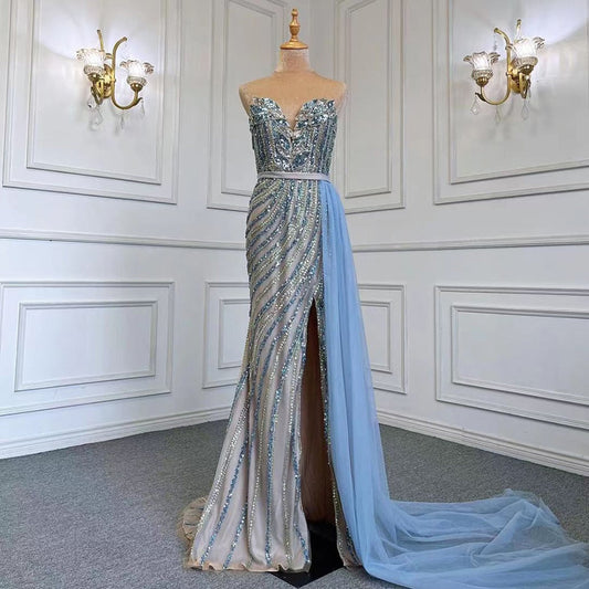 Vestido de noche elegante de sirena azul con falda sexy sin tirantes, de lujo, con cuentas, 2025, para mujer, fiesta, LA71743 