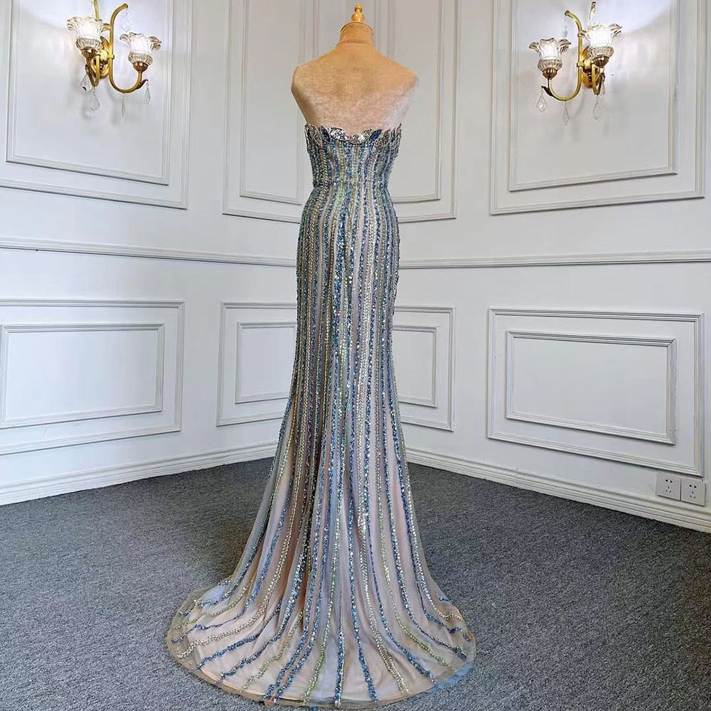 Vestido de noche elegante de sirena azul con falda sexy sin tirantes, de lujo, con cuentas, 2025, para mujer, fiesta, LA71743 