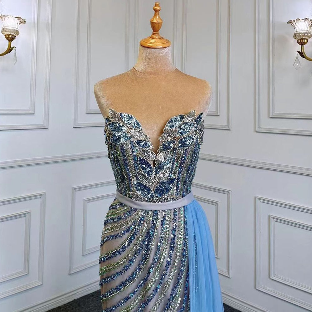 Vestido de noche elegante de sirena azul con falda sexy sin tirantes, de lujo, con cuentas, 2025, para mujer, fiesta, LA71743 