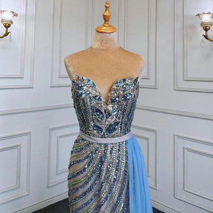 Vestido de noche elegante de sirena azul con falda sexy sin tirantes, de lujo, con cuentas, 2025, para mujer, fiesta, LA71743 