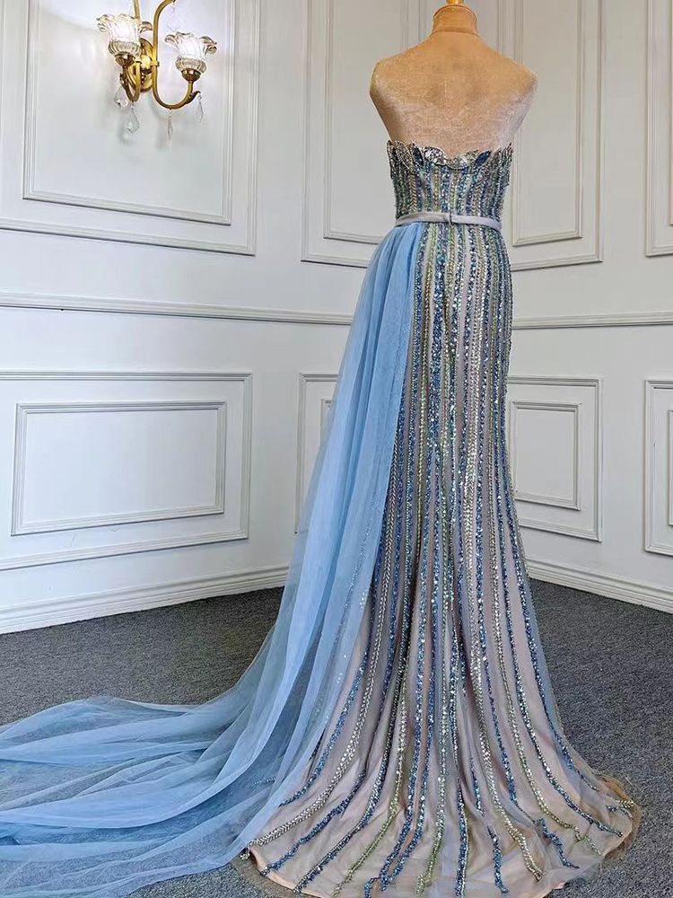 Vestido de noche elegante de sirena azul con falda sexy sin tirantes, de lujo, con cuentas, 2025, para mujer, fiesta, LA71743 