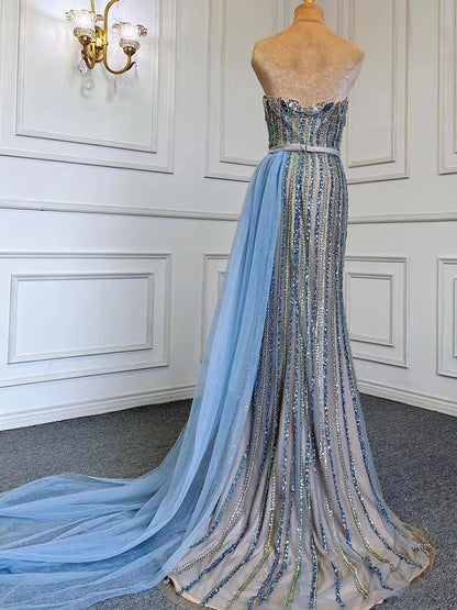 Vestido de noche elegante de sirena azul con falda sexy sin tirantes, de lujo, con cuentas, 2025, para mujer, fiesta, LA71743 