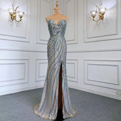 Vestido de noche elegante de sirena azul con falda sexy sin tirantes, de lujo, con cuentas, 2025, para mujer, fiesta, LA71743 