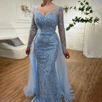 Elegante vestido de noche árabe de lujo con cola y cuentas, corte sirena azul, para mujer, para boda, fiesta, 2025, LA71851 