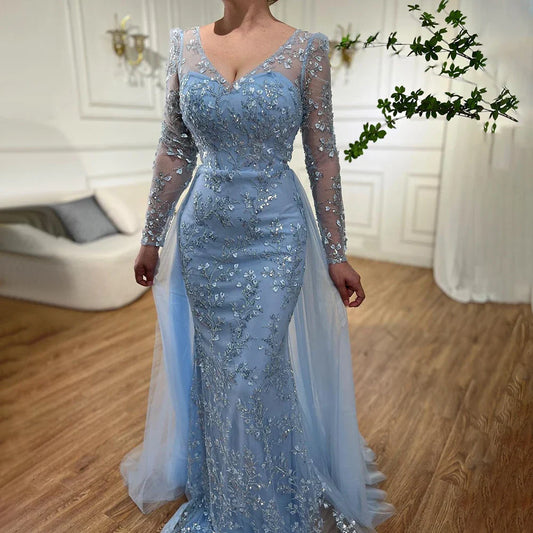Elegante vestido de noche árabe de lujo con cola y cuentas, corte sirena azul, para mujer, para boda, fiesta, 2025, LA71851 