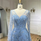 Elegante vestido de noche árabe de lujo con cola y cuentas, corte sirena azul, para mujer, para boda, fiesta, 2025, LA71851 