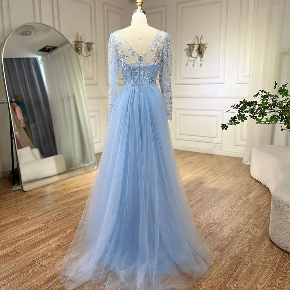 Elegante vestido de noche árabe de lujo con cola y cuentas, corte sirena azul, para mujer, para boda, fiesta, 2025, LA71851 