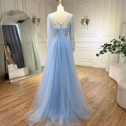 Elegante vestido de noche árabe de lujo con cola y cuentas, corte sirena azul, para mujer, para boda, fiesta, 2025, LA71851 