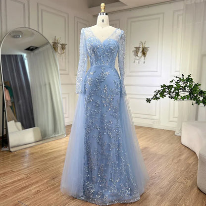 Elegante vestido de noche árabe de lujo con cola y cuentas, corte sirena azul, para mujer, para boda, fiesta, 2025, LA71851 