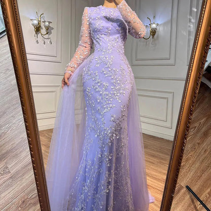 Elegante vestido de noche árabe de lujo con cola y cuentas, corte sirena azul, para mujer, para boda, fiesta, 2025, LA71851 
