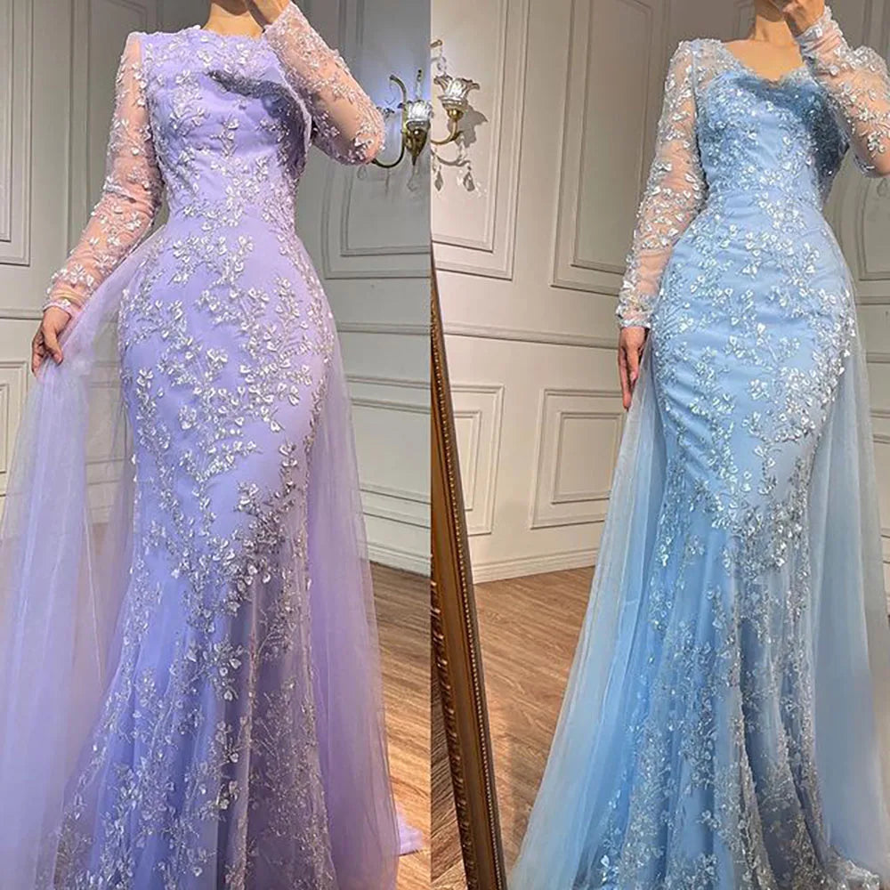 Elegante vestido de noche árabe de lujo con cola y cuentas, corte sirena azul, para mujer, para boda, fiesta, 2025, LA71851 