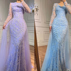 Elegante vestido de noche árabe de lujo con cola y cuentas, corte sirena azul, para mujer, para boda, fiesta, 2025, LA71851 