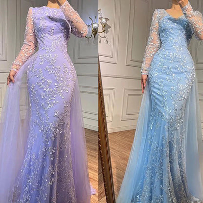 Elegante vestido de noche árabe de lujo con cola y cuentas, corte sirena azul, para mujer, para boda, fiesta, 2025, LA71851 