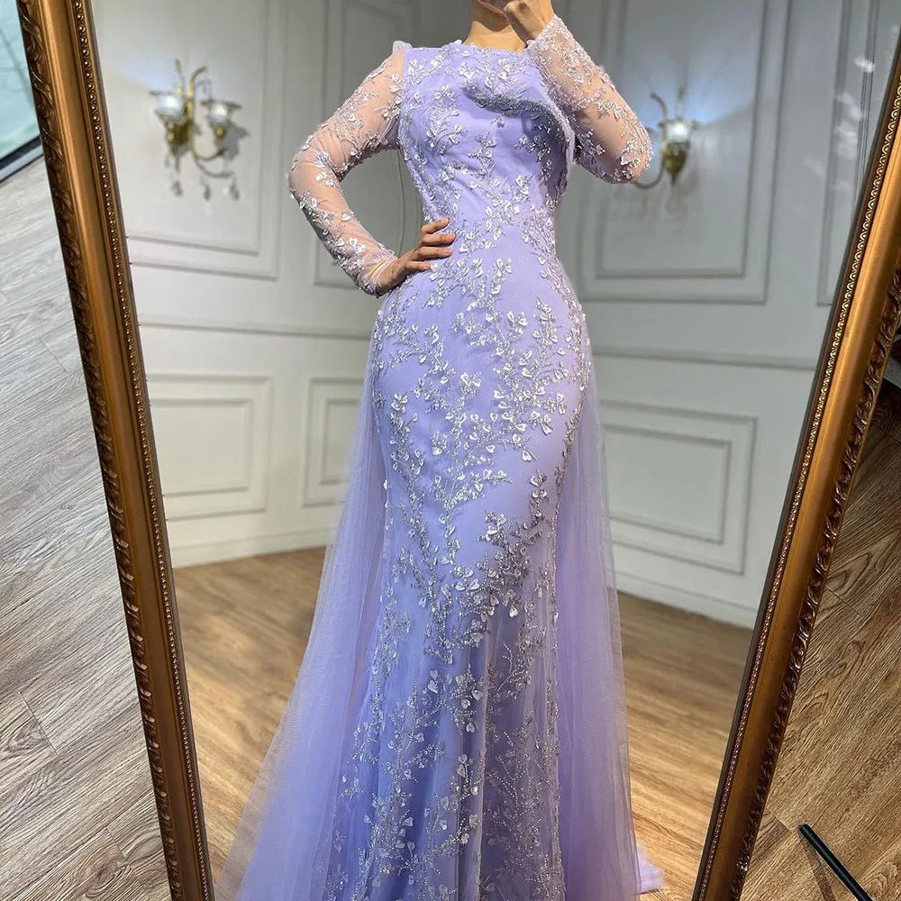Elegante vestido de noche árabe de lujo con cola y cuentas, corte sirena azul, para mujer, para boda, fiesta, 2025, LA71851 