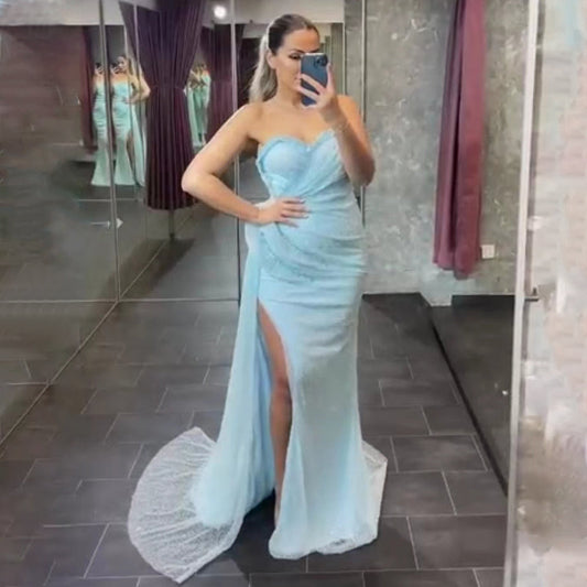Vestido de noche azul de sirena con abertura alta, elegante y de lujo, para mujer, 2025, LA71660