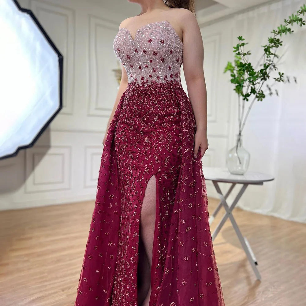 Vestido de fiesta azul de corte sirena con abertura alta y falda corazón, sin tirantes y con cuentas, para mujer, noche formal, 2025, LA71796 