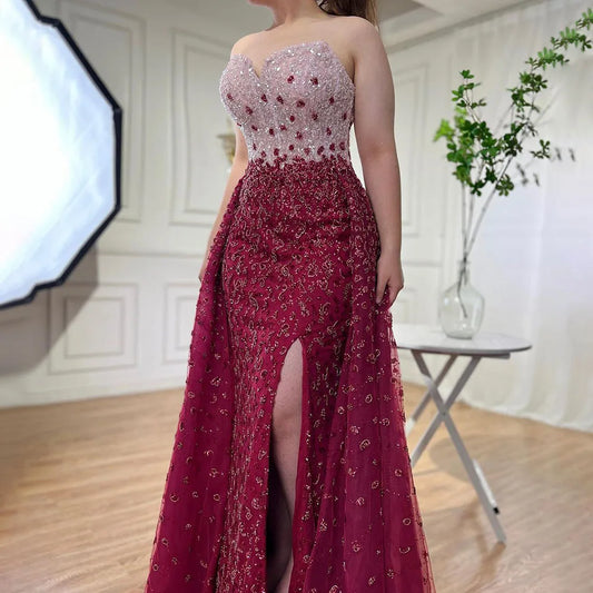 Vestido de fiesta azul de corte sirena con abertura alta y falda corazón, sin tirantes y con cuentas, para mujer, noche formal, 2025, LA71796 