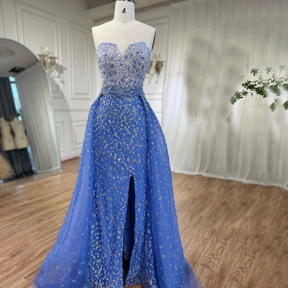 Vestido de fiesta azul de corte sirena con abertura alta y falda corazón, sin tirantes y con cuentas, para mujer, noche formal, 2025, LA71796 