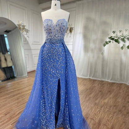 Vestido de fiesta azul de corte sirena con abertura alta y falda corazón, sin tirantes y con cuentas, para mujer, noche formal, 2025, LA71796 