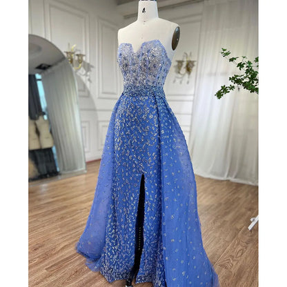 Vestido de fiesta azul de corte sirena con abertura alta y falda corazón, sin tirantes y con cuentas, para mujer, noche formal, 2025, LA71796 