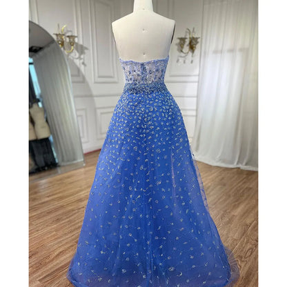 Vestido de fiesta azul de corte sirena con abertura alta y falda corazón, sin tirantes y con cuentas, para mujer, noche formal, 2025, LA71796 