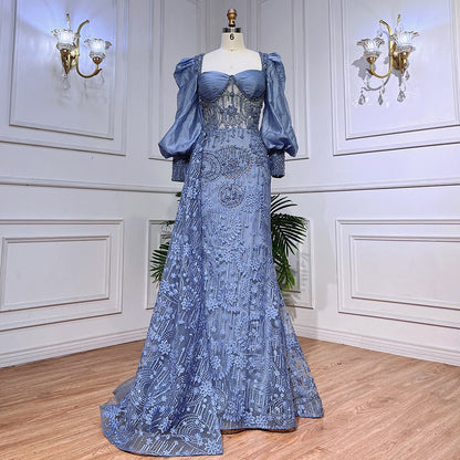 Vestido de noche formal de sirena azul con encaje y cuentas, mangas globo, para mujer, para fiesta de boda, LA72034 