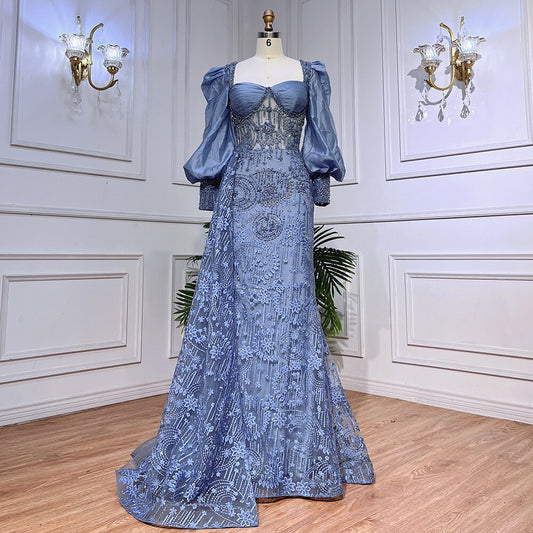 Vestido de noche formal de sirena azul con encaje y cuentas, mangas globo, para mujer, para fiesta de boda, LA72034 