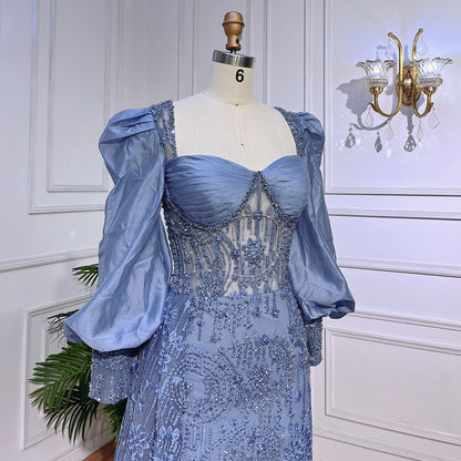 Vestido de noche formal de sirena azul con encaje y cuentas, mangas globo, para mujer, para fiesta de boda, LA72034 