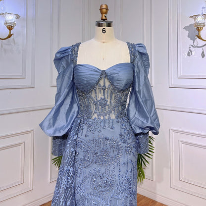 Vestido de noche formal de sirena azul con encaje y cuentas, mangas globo, para mujer, para fiesta de boda, LA72034 