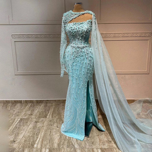Vestido de noche de lujo de sirena azul con capa larga y abertura alta con cuentas y perlas para mujer, ideal para bodas y fiestas 2025 LA72268 