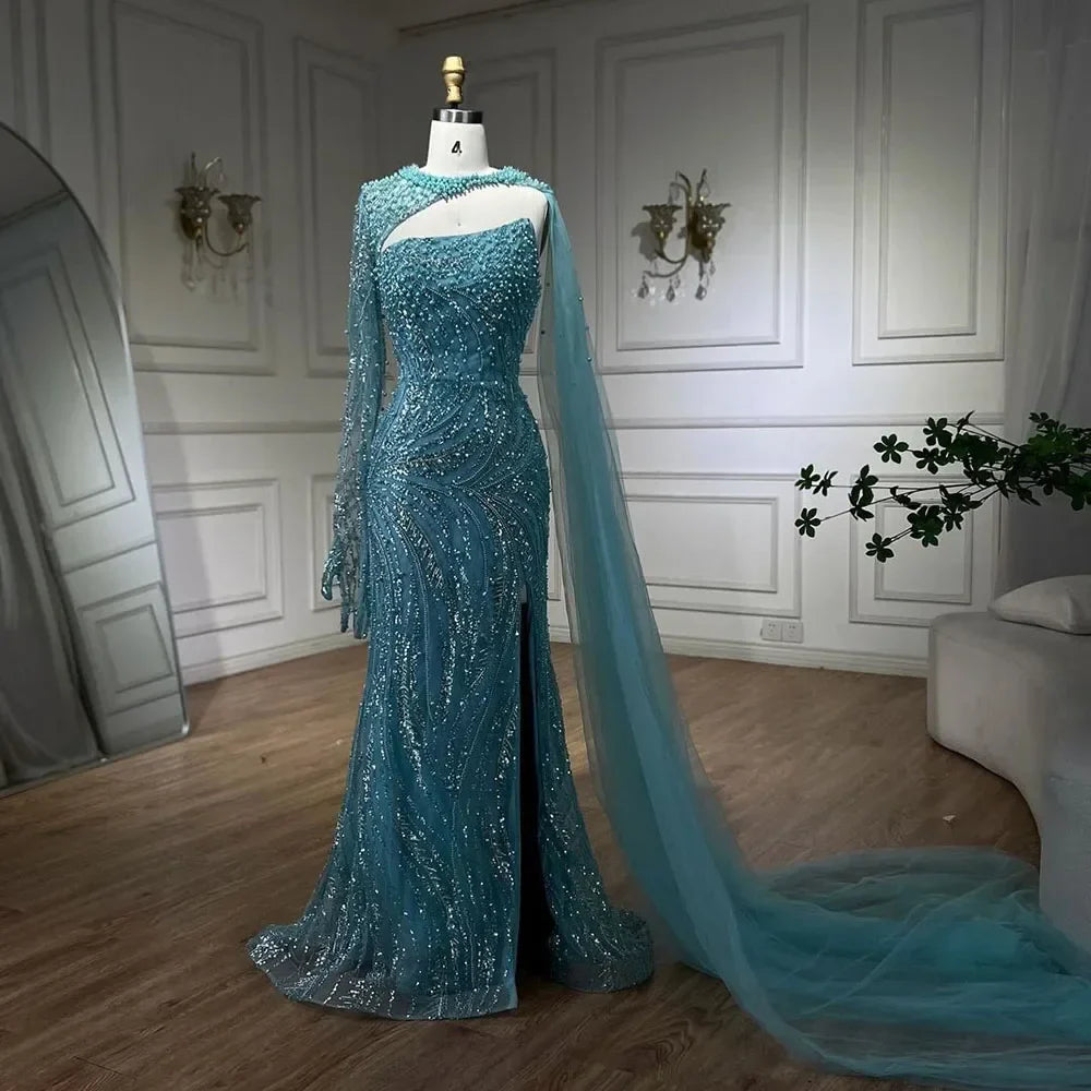 Vestido de noche de lujo de sirena azul con capa larga y abertura alta con cuentas y perlas para mujer, ideal para bodas y fiestas 2025 LA72268 