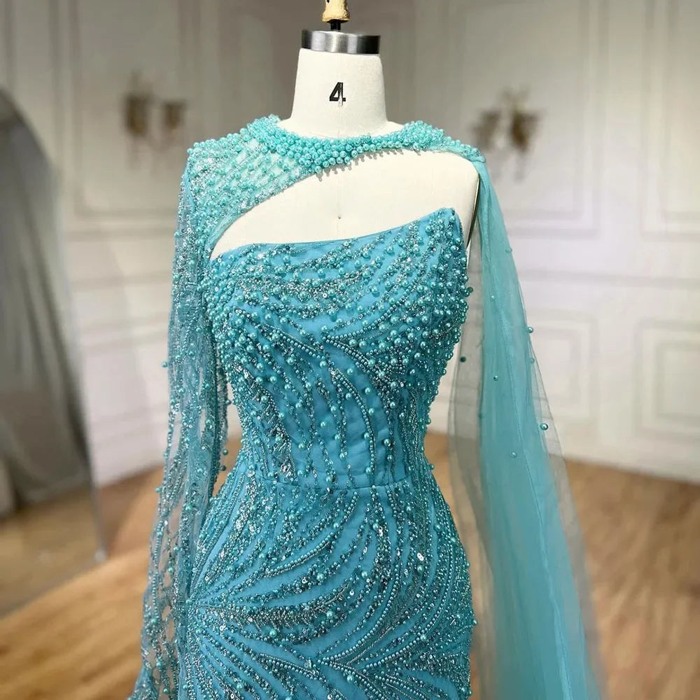Vestido de noche de lujo de sirena azul con capa larga y abertura alta con cuentas y perlas para mujer, ideal para bodas y fiestas 2025 LA72268 