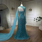 Vestido de noche de lujo de sirena azul con capa larga y abertura alta con cuentas y perlas para mujer, ideal para bodas y fiestas 2025 LA72268 