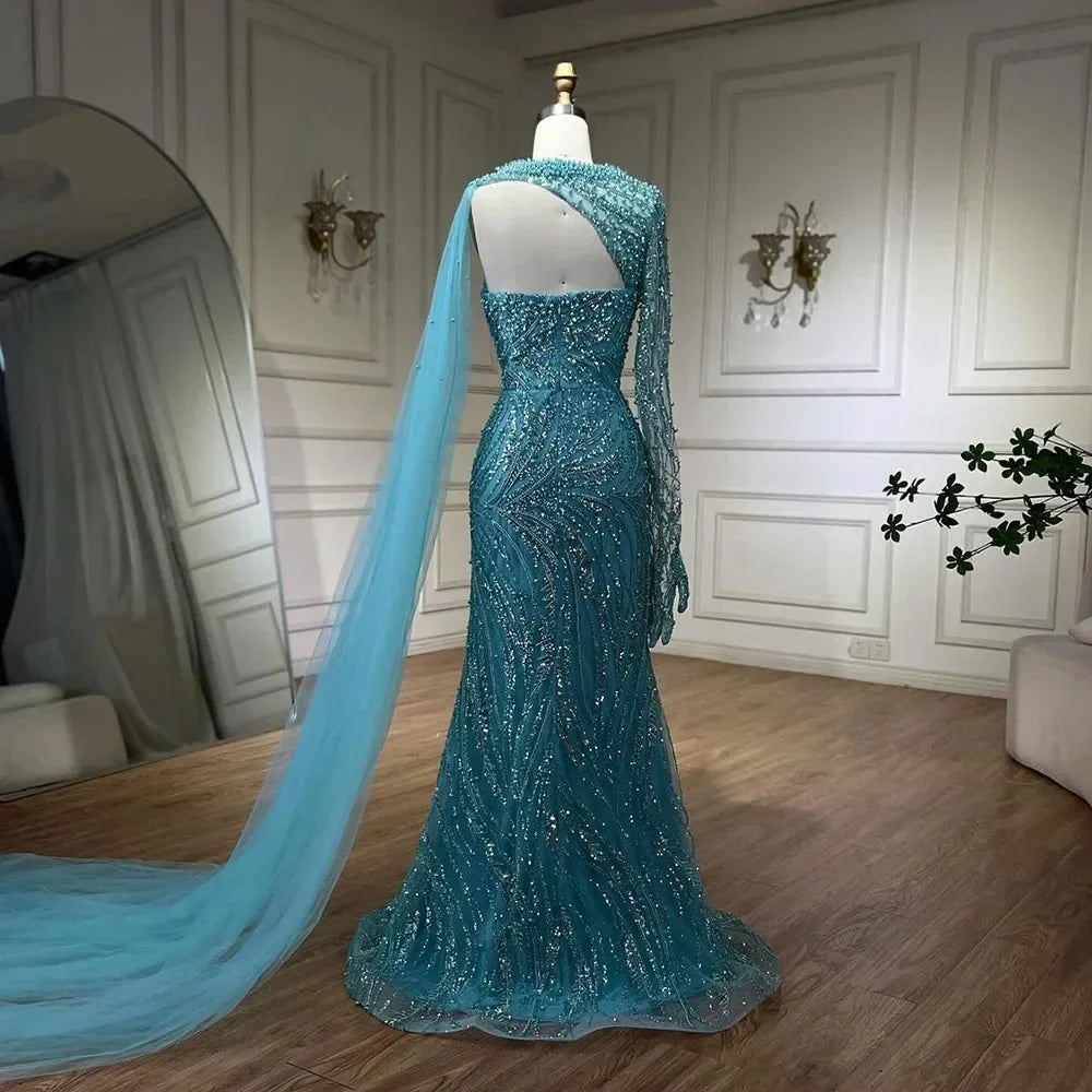 Vestido de noche de lujo de sirena azul con capa larga y abertura alta con cuentas y perlas para mujer, ideal para bodas y fiestas 2025 LA72268 