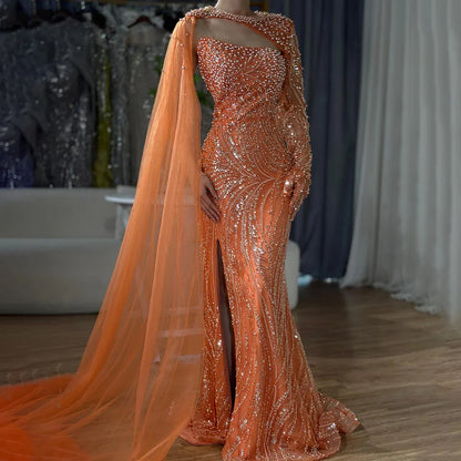 Vestido de noche de lujo de sirena azul con capa larga y abertura alta con cuentas y perlas para mujer, ideal para bodas y fiestas 2025 LA72268 