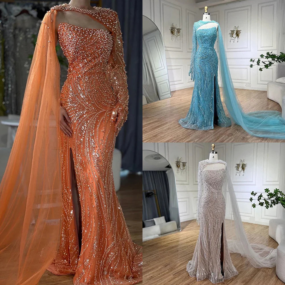 Vestido de noche de lujo de sirena azul con capa larga y abertura alta con cuentas y perlas para mujer, ideal para bodas y fiestas 2025 LA72268 