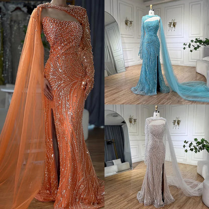 Vestido de noche de lujo de sirena azul con capa larga y abertura alta con cuentas y perlas para mujer, ideal para bodas y fiestas 2025 LA72268 