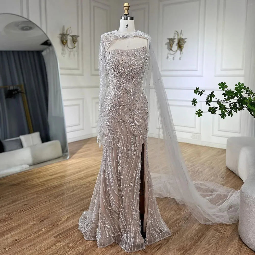 Vestido de noche de lujo de sirena azul con capa larga y abertura alta con cuentas y perlas para mujer, ideal para bodas y fiestas 2025 LA72268 
