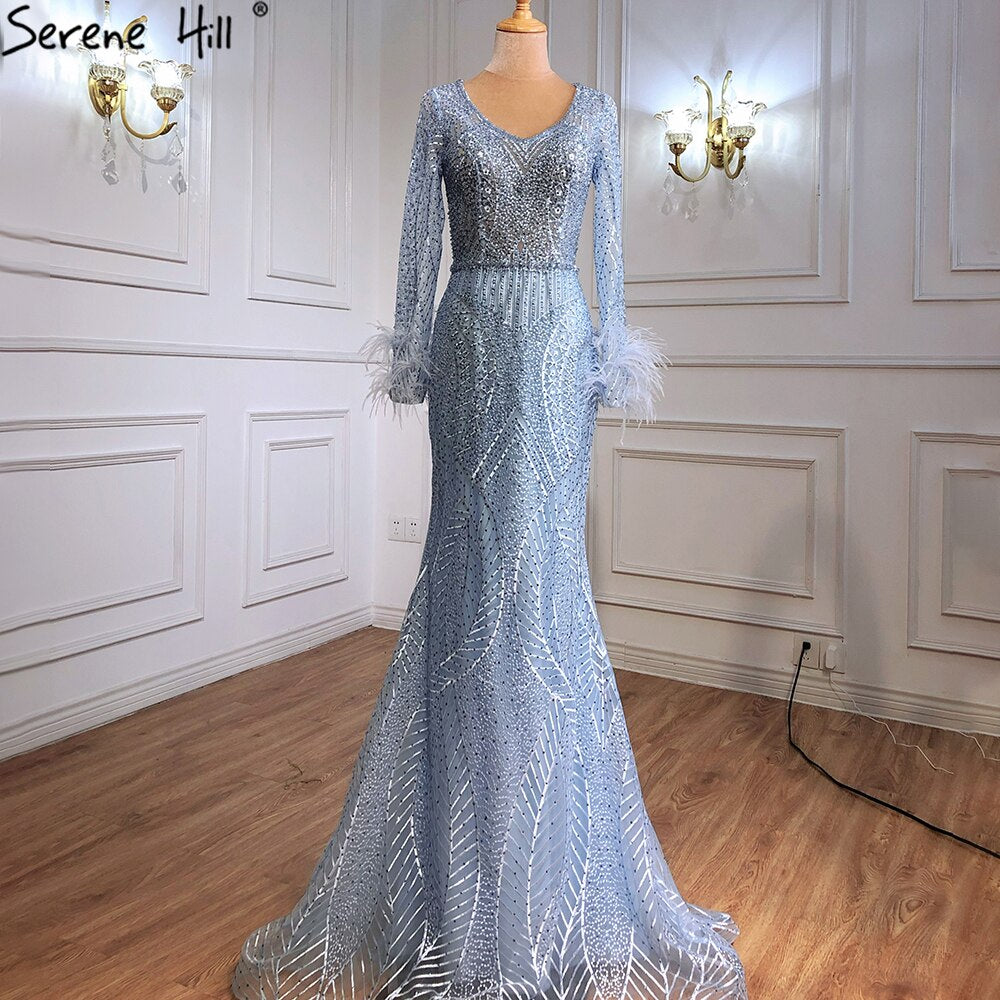 Vestidos de noche de lujo con corte sirena azul, con plumas y cuentas, elegantes para mujer, para fiesta, talla grande 2025 LA70968 