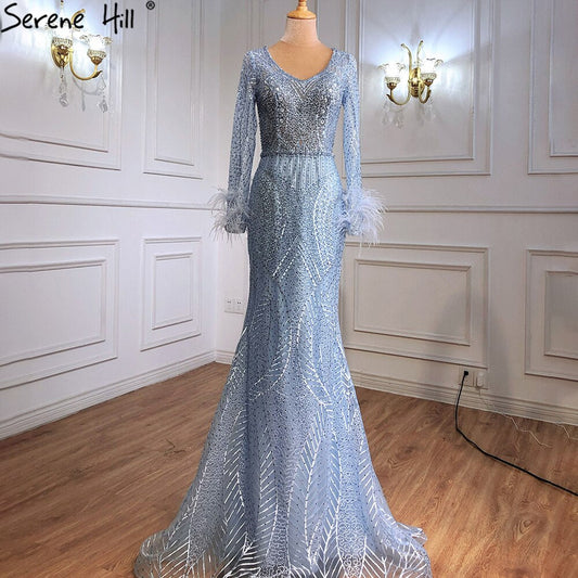 Vestidos de noche de lujo con corte sirena azul, con plumas y cuentas, elegantes para mujer, para fiesta, talla grande 2025 LA70968 