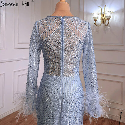 Vestidos de noche de lujo con corte sirena azul, con plumas y cuentas, elegantes para mujer, para fiesta, talla grande 2025 LA70968 
