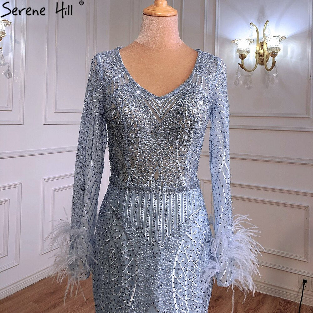 Vestidos de noche de lujo con corte sirena azul, con plumas y cuentas, elegantes para mujer, para fiesta, talla grande 2025 LA70968 